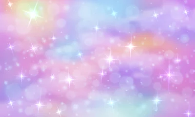 Foto auf Acrylglas Mädchenzimmer Einhorn-Fantasy-Hintergrund. Regenbogenhimmel mit glitzernden Sternen. Abstrakte Galaxie, Meerjungfrau-Prinzessin-Marmor-Vektor-Magie-Textur. Kosmische holografische Musterabbildung des Universums