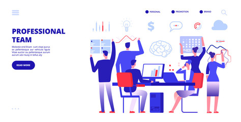 Profession team. Employees work in office. Company business teamwork banner. Multitasking marketing vector banner. Team characters, teamwork brainstorming, office work illustration