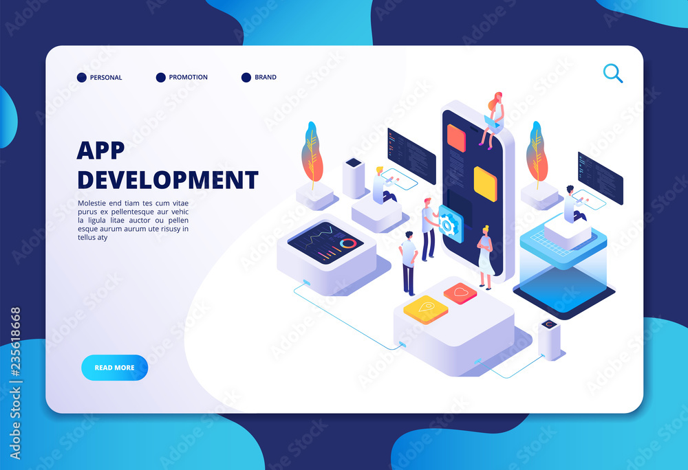 Poster app development concept. developer designer work on smartphone mobile application. customized ui des