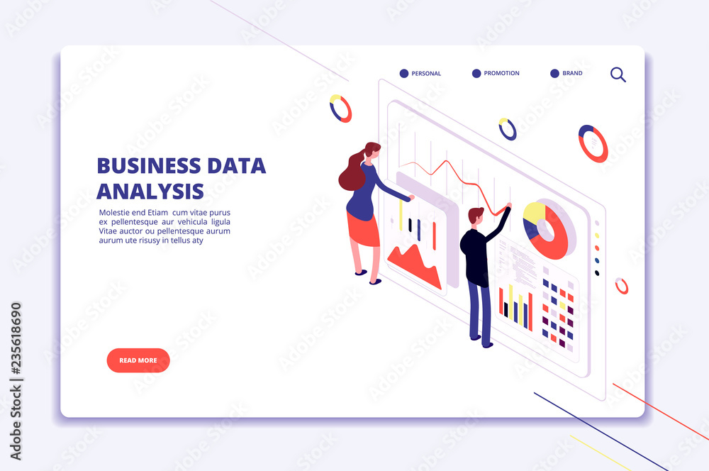 Poster data analysis. people work on business finance charts. statistical surveillance. big data isometric 