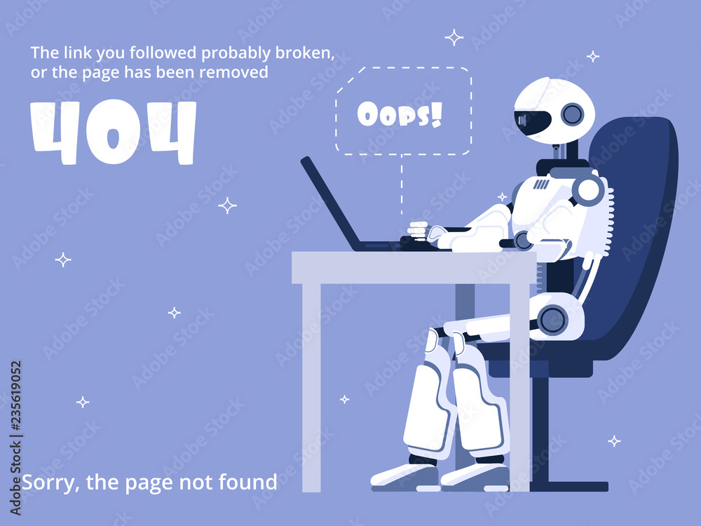 Poster error 404. not found web site page with robot and warning message. vector template of robot warning 