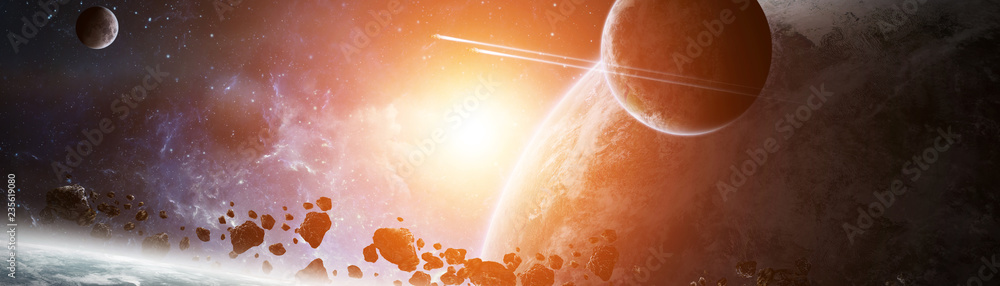 Poster panoramic view of planets in distant solar system 3d rendering elements of this image furnished by n