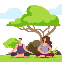 Obraz na płótnie Canvas Couple meditation in the park. Girl and boy doing yoga on the nature. Woman and man meditation yoga, healthy pose lotus two illustration
