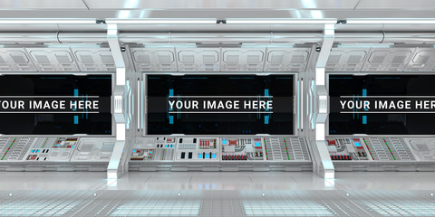 White spaceship interior with large window view 3D rendering