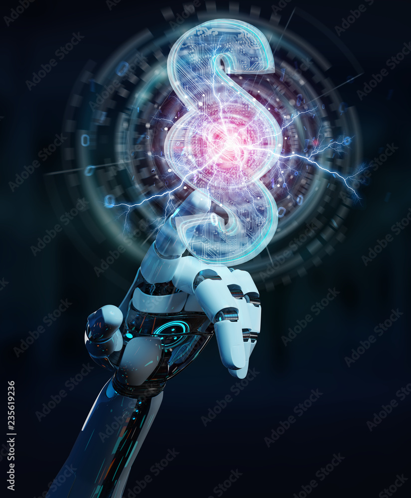 Poster cyborg judge using 3d rendering digital paragraph law symbol