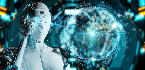 White humanoid woman using globe network hologram with Europe map 3D rendering