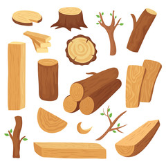 Wood log and trunk. Cartoon wooden lumber, plank. Forestry construction materials vector isolated set. Wood timber, wooden material illustration