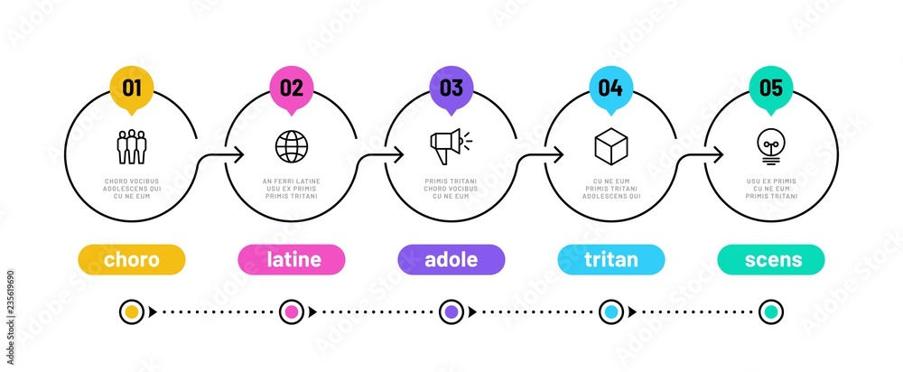 Sticker line step infographic. 5 options workflow diagram, circle timeline number infograph, process steps c