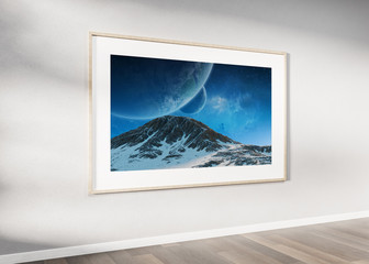 Wooden frame hanging on a wall mockup 3d rendering
