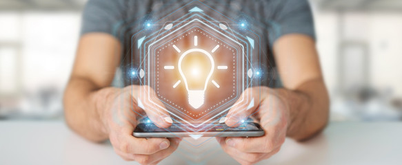 Businessman using lightbulb idea interface 3D rendering