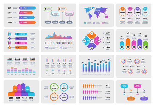 Business presentation charts. Financial report with graphs diagrams, marketing flowcharts progress bar. Vector infographics template. Illustration of infographic business, diagram and map world