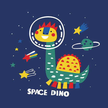 Space dino cartoon vector. Illustration vector for print t-shirt design. Fun dinosaur.