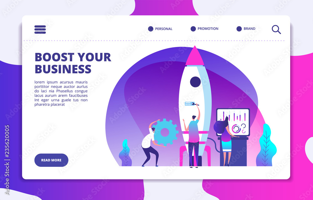 Poster startup website landing page. people launching rocket. boost business easy. customized vector concep