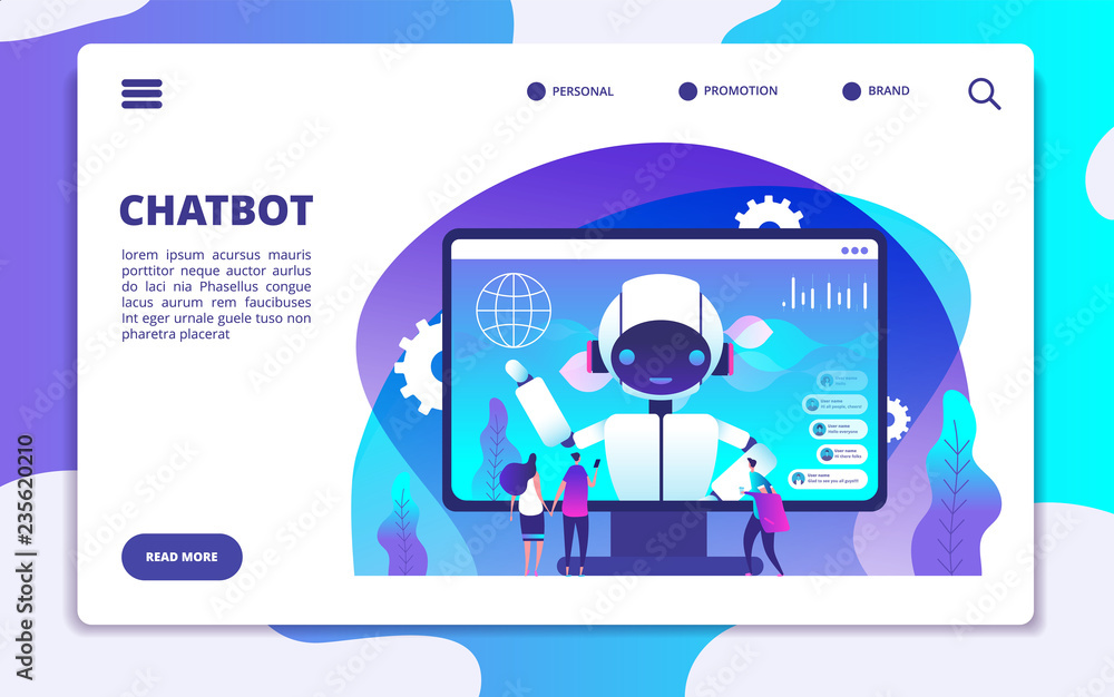 Poster chatbot landing page. ai robot chatting with woman and man. artificial intelligence presentation vec