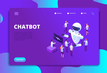Chatbot isometric concept. Bot chatting with people. Artificial intelligence conversation future technology vector landing page. Development robot for support, virtual ai isometry illustration
