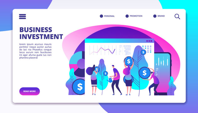 Investments landing page. Investment fund managers make profit for clients. Cash revenue consolidation business vector concept. Illustration of investment web page, stock market investing