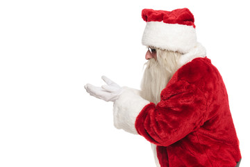 portrait of old santa claus offering something to side