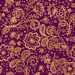 vector gold pattern on burgundy background with line hand drawn fantastic flowers and leaves. Template of textile or box design in doodle style.