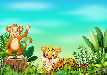 Nature scene with a monkey standing on tree stump and tiger