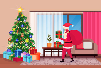 santa claus hold sack in living room decorated merry christmas happy new year pine tree home interior decoration winter holiday concept flat horizontal