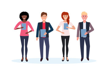 Fototapeta premium mix race business people holding folder standing together happy man woman office workers male female cartoon character full length isolated flat horizontal