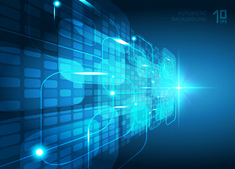 Abstract futuristic digital blue squares virtual technology concept perspective background explosion of light with space for your text.