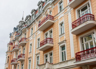 Fototapeta premium Fragment of Hotel Hvezda-Imperial-Neapol. Spa center of small west Bohemian spa town Marianske Lazne (Marienbad) in winter - Czech Republic