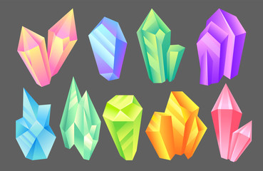 Iridescent stones set, minerals, crystals, gems, precious gemstones or semiprecious stones vector Illustration