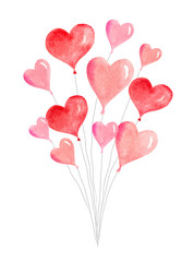 Fototapeta na wymiar Watercolor vector card with flying balloons in the form of hearts.