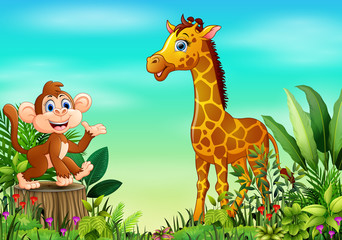 Obraz na płótnie Canvas Nature scene with a monkey sitting on tree stump and giraffe