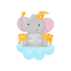 Cute little elephant sitting on a cloud, lovely animal cartoon character, good night design element, sweet dreams vector Illustration on a white background