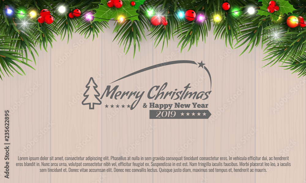 Wall mural Horizontal Christmas border frame with fir branches, pine cones, berries and lights over wood background. Vector illustration.