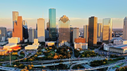 Urban Tapestry: A Captivating Aerial View of Downtown Houston - obrazy, fototapety, plakaty
