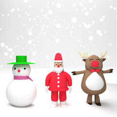 christmas and new year snow concept Xmas or christmas party. reindeer,snowman and santa  in winter ,3D rendering