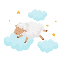 Stof per meter Wolken Schattige kleine schapen slapen op een wolk, mooie dierlijke stripfiguur, welterusten ontwerpelement, zoete dromen vector Illustration