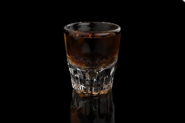 Single whiskey vodka shot glass on black background with reflections and refractions. 3D render