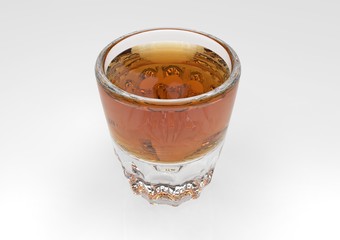 Full of whiskey transparent glass on white background with reflections and refractions. 3D render