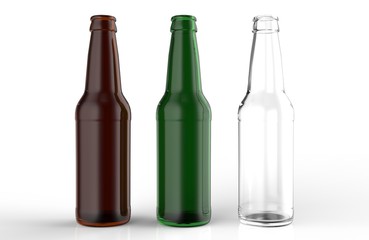 Glass transparent beer bottles mock up on white gray background with shadows and reflections. 3d render