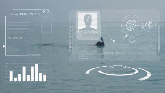 A man swims on a blue sea with a snorkel and mask. Hud. The concept of artificial intelligence and biometric facial recognition technology.