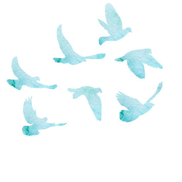 isolated, flock of flying birds, watercolor blue silhouette