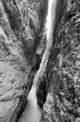 Black and white view of narrow gorge