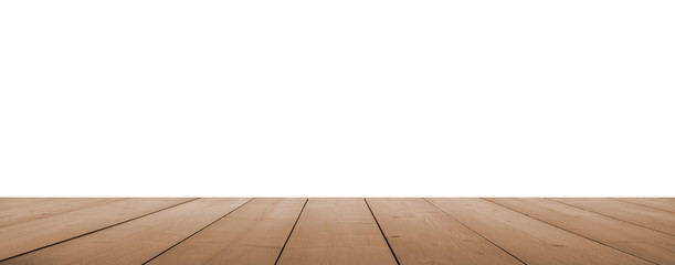 light brown wooden planks as a table or floor in perspective, isolated on white.