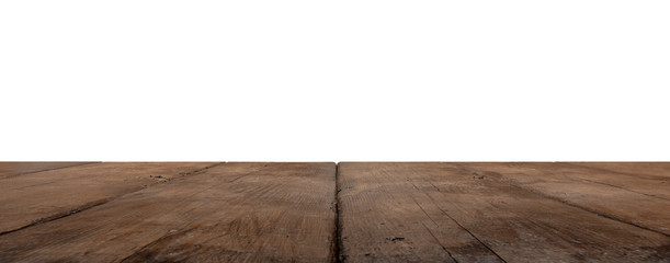 dark rustic wooden planks as a table or floor in perspective, isolated on white