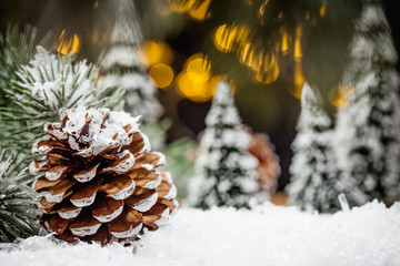 Christmas decoration diorama with snow forest landscape