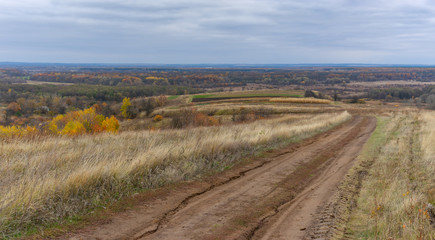 Autumnal panoramic landscape with an earth road in hilly rural area in Sumskaya oblast, Ukraine