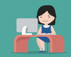 small girl working in office with desktop computer