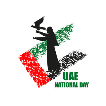 UAE National Day poster with falconer silhouette and flag.