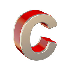 Alphabet letter C with red glass and metallic shell isolated on white background