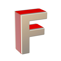Alphabet letter F with red glass and metallic shell isolated on white background