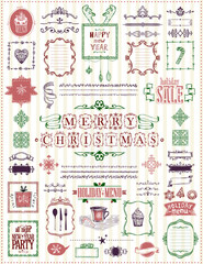 Christmas and New Year sketch elements set, hand drawn doodle graphic line elements - ribbons, frames, menus, dividers and phrases